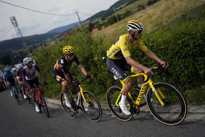 The Mathieu Van der Poel yellow jersey during the seventh stage of the Tour de France between Vierzon and Le Creusot, Friday July 2, 2021.