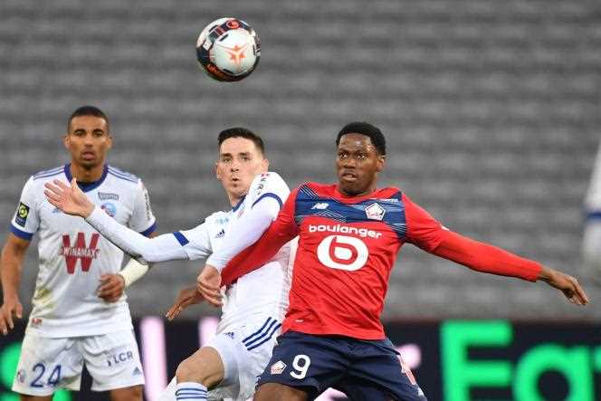 Striker Jonathan David during the Ligue 1 match between Lille and Strasbourg, February 28, 2021 at Stade Pierre-Mauroy.