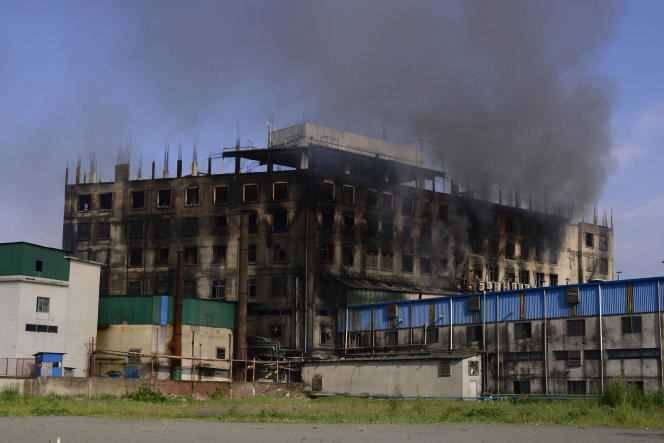 The factory destroyed by fire in the suburb of Dhaka, Bangladesh, July 9, 2021.
