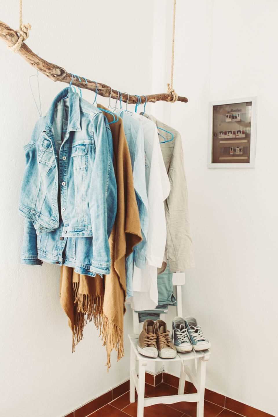 Store worn clothing: clothes rail made from a tree trunk