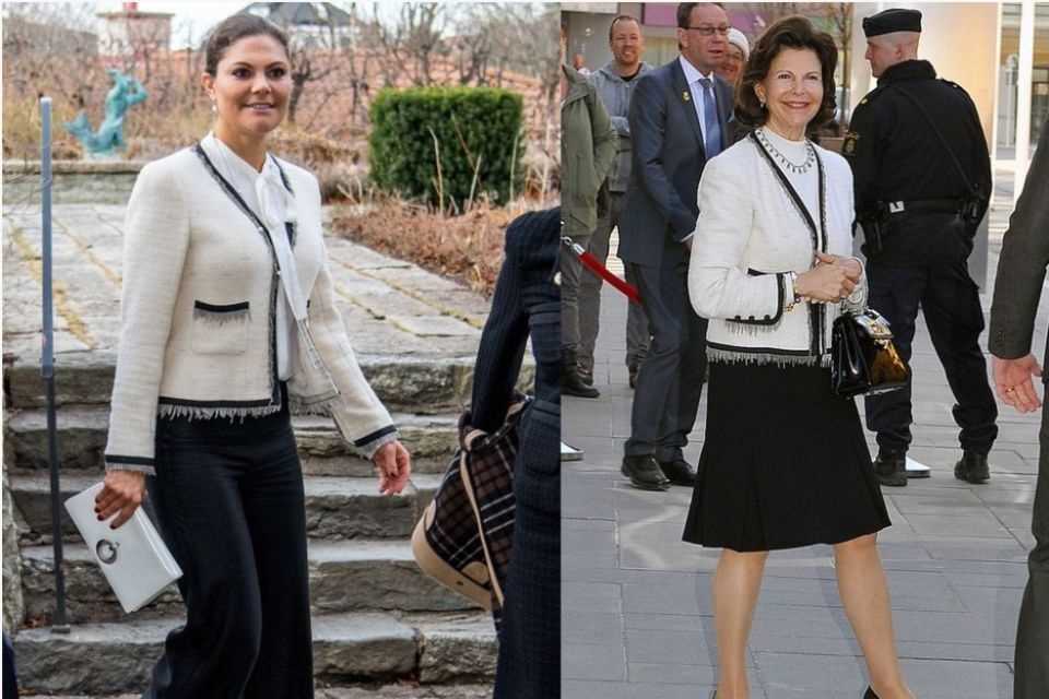 Same part, different combinations.  Although Princess Victoria borrowed her mother's jacket, she combines it completely differently and creates a new look.