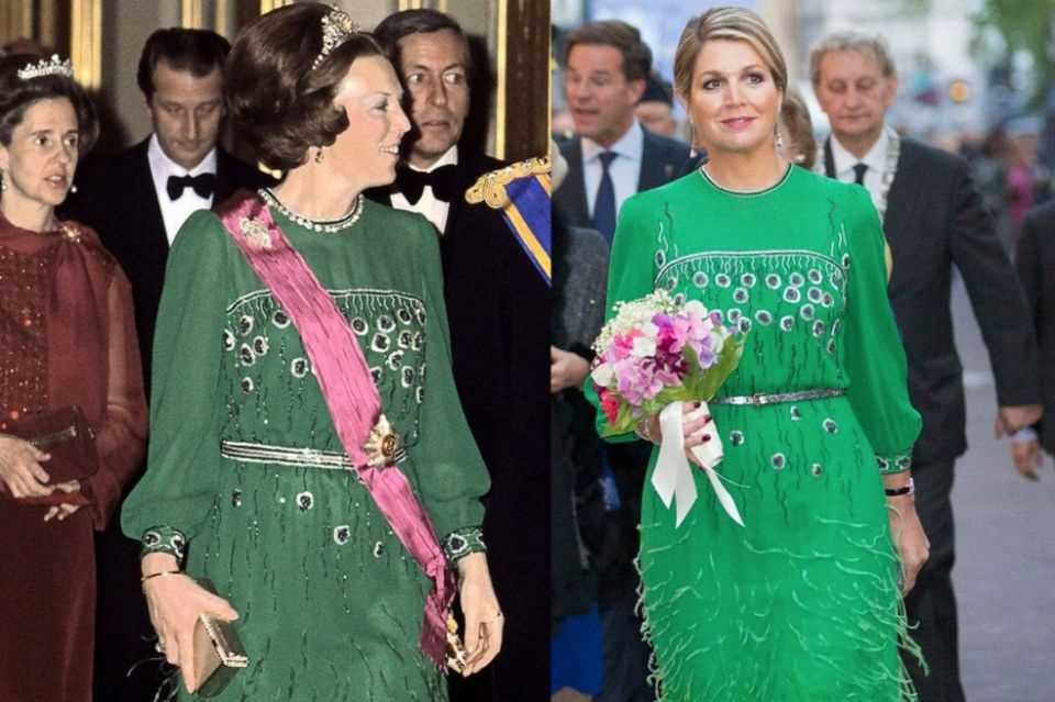 For your visit to "Koninklijk Theater Carré" In Amsterdam, Queen Máxima used her mother-in-law's wardrobe and chose a green robe with fringes and embroidery.  Although a few minor changes have been made to the waist and collar, the partner look looks great on both of them. 