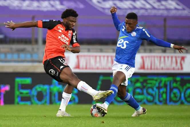 Nigerian striker Terem Moffi (left) during a match against Strasbourg, at La Meinau stadium, on May 23, 2021.