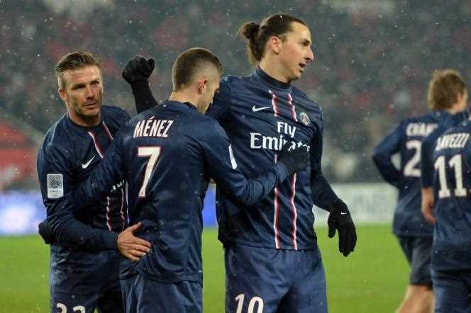 David Beckham and Zlatan Ibrahimovic, who surround Jérémy Ménez, are the two symbols of the era infused in 2012 by QSI - here at the Parc des Princes, in Paris, on February 24, 2013.