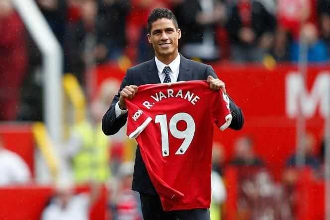 Raphaël Varane during his official presentation at Old Trafford on August 14.