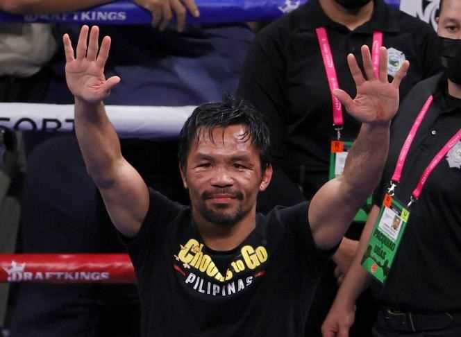 Manny Pacquiao waves to the crowd following his loss to Cuban Yordenis Ugas at T-Mobile Arena in Las Vegas on Saturday, August 21.