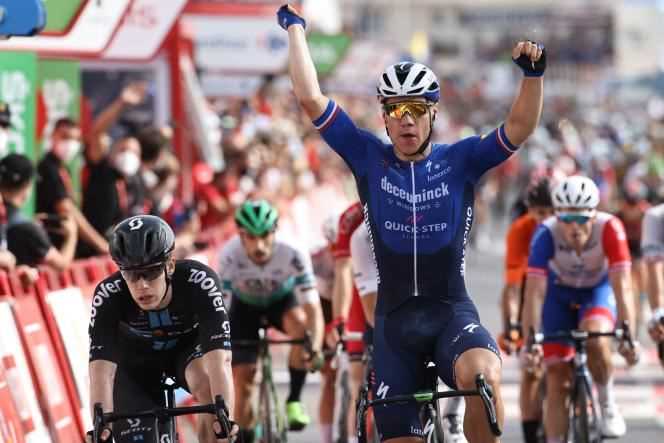 Fabio Jakobsen (Deceuninck-Quick Step) celebrates his victory on the 8th stage of the Tour of Spain, Saturday August 21.