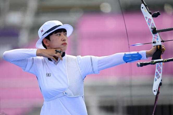 South Korean archer An San, triple gold medalist at the Olympic Games Tokyo 2020.