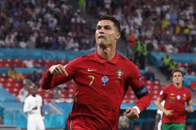 Cristiano Ronaldo happy, after scoring a second penalty in the Euro 2021 match between Portugal and France at Puskas Arena in Budapest on June 23, 2021.