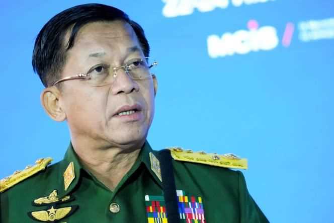 Junta leader General Min Aung Hlaing delivers a speech in Moscow, Russia, June 23, 2021.
