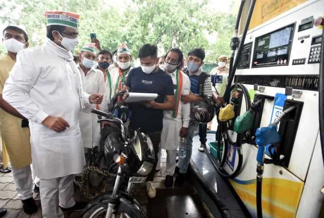 At a rally against rising gasoline prices in New Delhi on July 9, 2021.