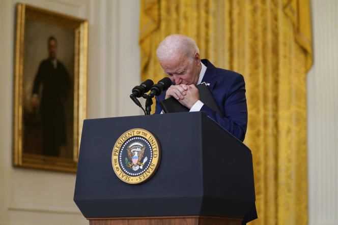 Joe Biden listens to a reporter's question during the August 26, 2021 press conference at the White House.