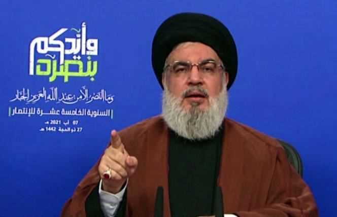 Image from Iran Press video showing Hezbollah leader Hassan Nasrallah giving a televised speech from an undisclosed location on August 7, 2021.