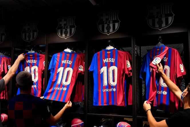 Argentina Lionel Messi's jerseys, in the FC Barcelona store at Camp Nou (Spain), August 7, 2021.