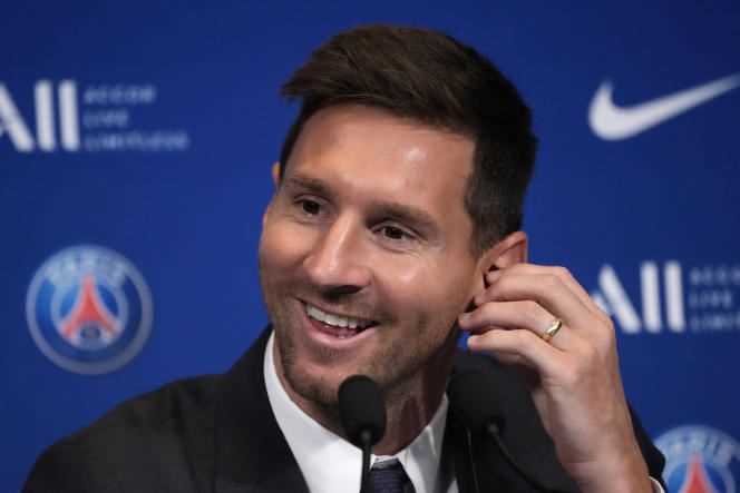 Lionel Messi during the press conference, Wednesday August 11, 2021, at the Parc des Princes stadium in Paris.