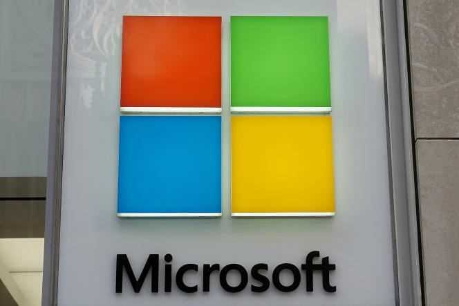 The Microsoft logo on the facade of company offices in New York, in January 2021.