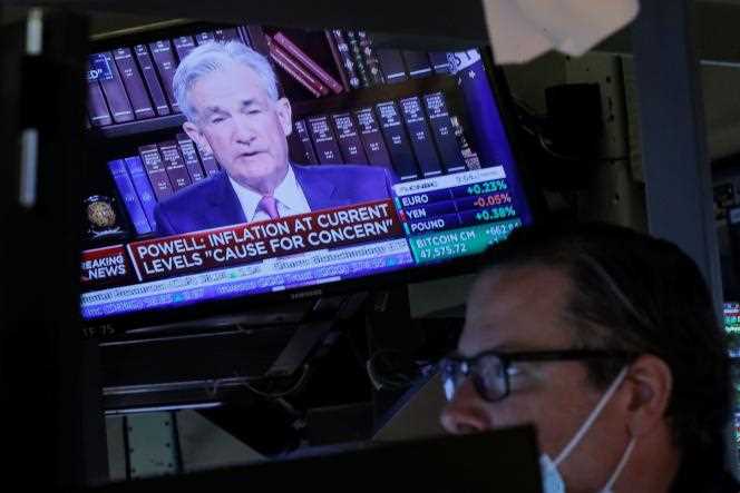The speech by Jerome Powell, the chairman of the US Federal Reserve, broadcast on a screen at the New York Stock Exchange (NYSE) in New York on August 27, 2021.