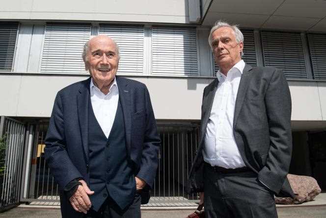 Sepp Blatter and his lawyer, Lorenz Erni, on August 9 in Zurich.
