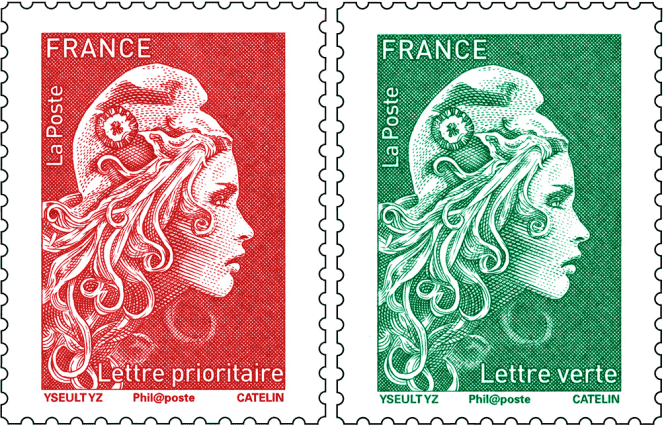 Commonly used “Marianne” stamp, “priority” rate (red) and “green letter” rate.  Drawing: Yseult Digan YZ.  Engraving: Elsa Catelin.  Intaglio printing.