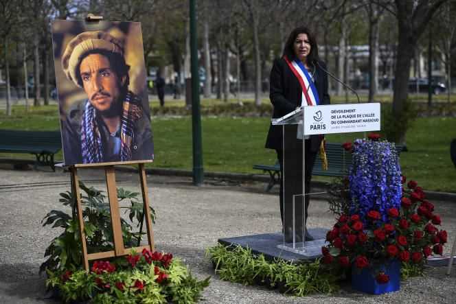 The mayor of Paris, Anne Hidalgo, at the inauguration of a commemorative plaque in honor of Commander Massoud, near the Champs-Elysées, in Paris, on March 27, 2021.
