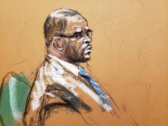 Sketch of hearing of singer R. Kelly, on the first day of his trial, August 18, 2021, in New York.