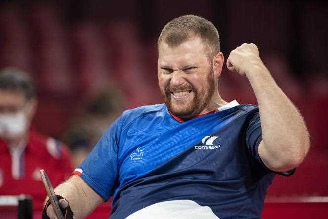 French table tennis player Fabien Lamirault, in a match against Czech Jiri Suchanek, during the Tokyo Paralympic Games, August 26, 2021.