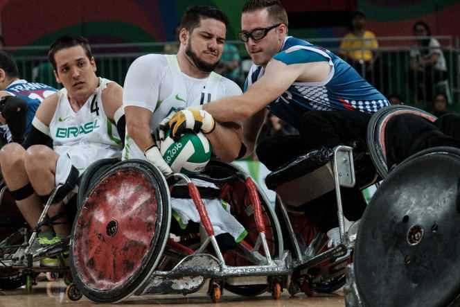 Brazilian wheelchair rugby player Julio Braz, battling Frenchman Christophe Salegui in a match during the Rio Paralympic Games in 2016.