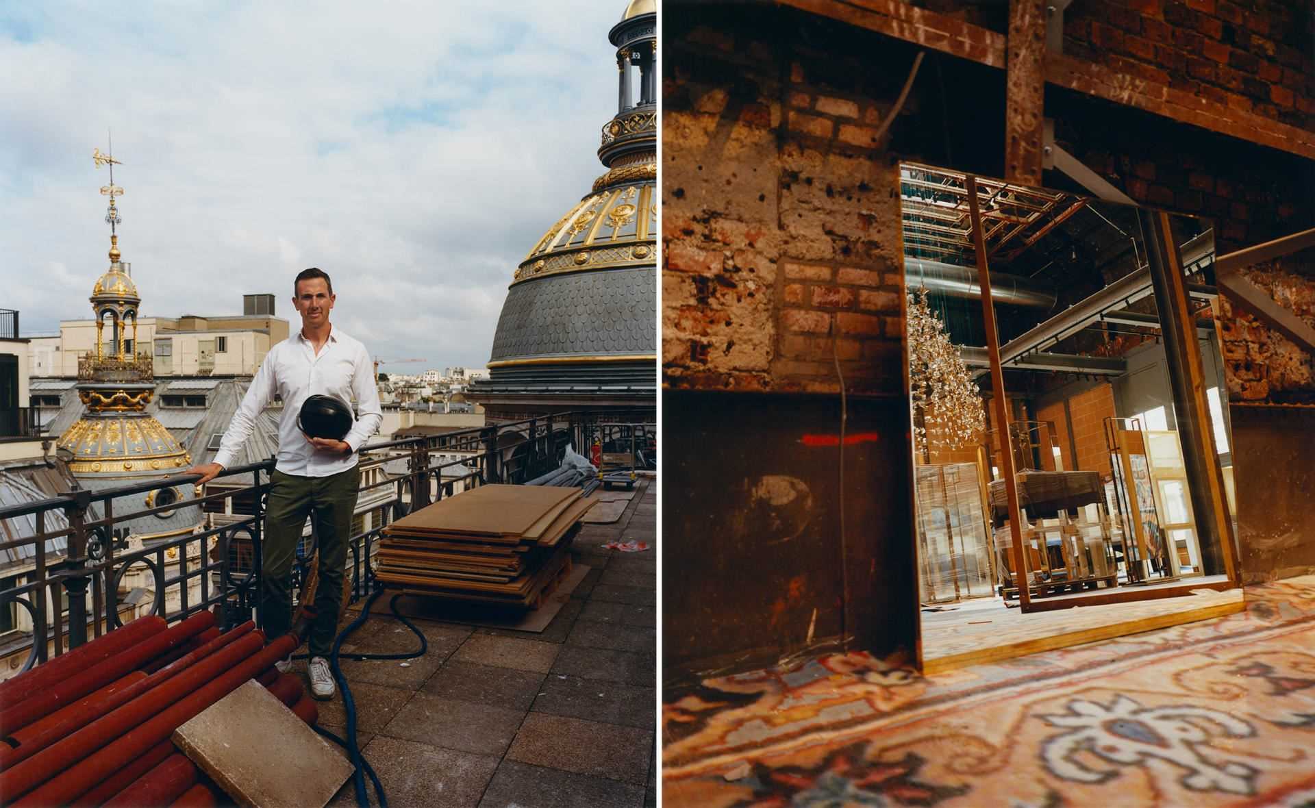 On the left, Ion Metulesco, director of architecture, engineering and maintenance of Printemps, on the panoramic terrace.  On the right, the Silver Bridge and its carpet, the flowery and bluish patterns of which have been revisited by the artist Romain Froquet.