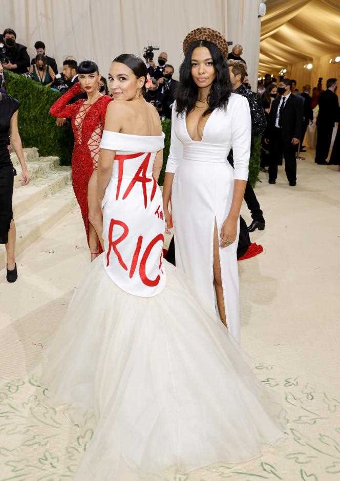Alexandria Ocasio-Cortez and Aurora James, designer of the dress, on September 13 in New York.