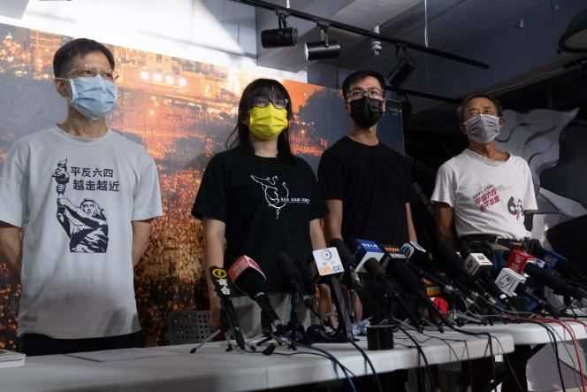 From left to right, Tang Ngok-kwan, Chow Hang-tung, Simon Leung Kam-wai and Tsui Hon-kwong, members of the Alliance Hong Kong association, at a press conference on September 5, 2021 in Hong Kong.
