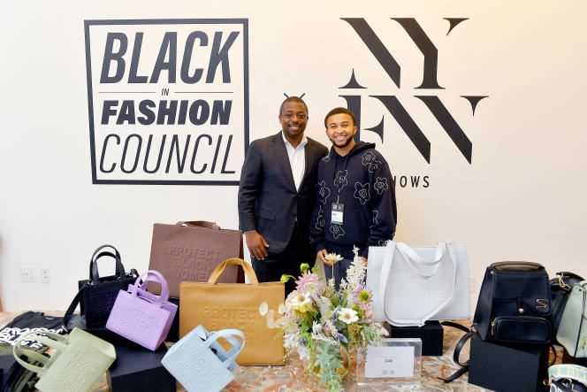 New York Lt. Gov. Brian Benjamin (left) and Cise designer Blake Van Putten in Black In Fashion Council showrooms during New York Fashion Week, September 12, 2021.