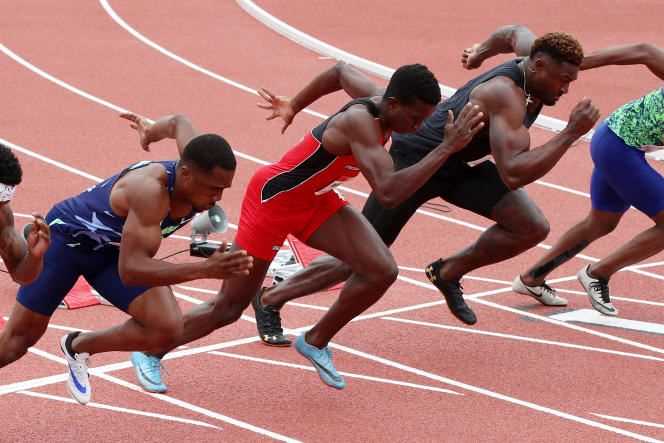 Left to right: CJ Ujah, Felipe Bardi Dos Santos and DK Metcalf in the men's 100m race at the World Athletics Continental Tour on May 9, 2021 in Walnut, Calif.