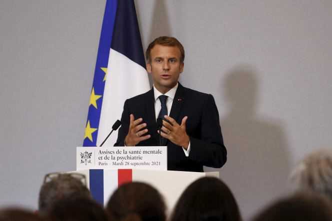 Emmanuel Macron during his closing speech of the national convention on mental health and psychiatry, at the Ministry of Solidarity and Health in Paris, September 28, 2021.