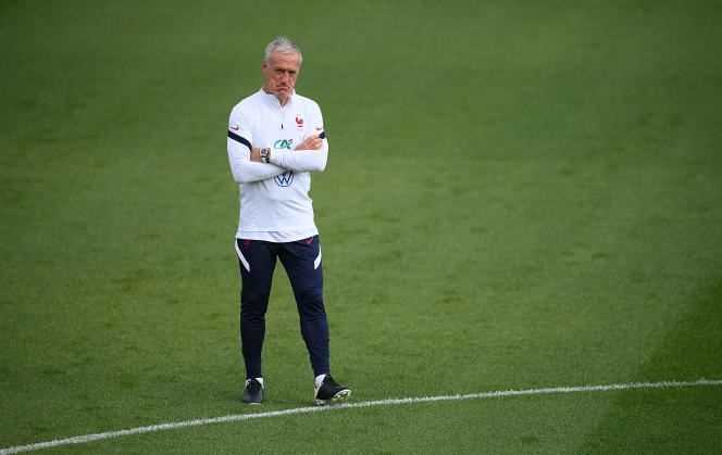 The coach of the France team, Didier Deschamps, reacts during a training session in Clairefontaine-en-Yvelines, on August 30, 2021, as part of the team's preparation for the next qualifying matches for the 2022 World Cup.