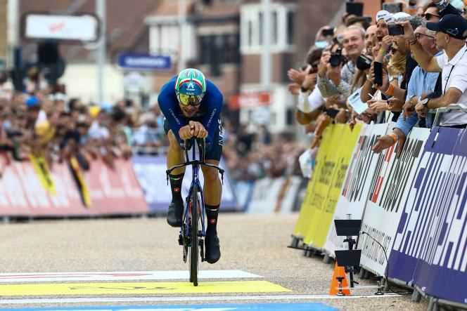 The Italian Filippo Ganna (Ineos-Grenadiers), at the finish of the time trial world championships, in Bruges, on September 19.
