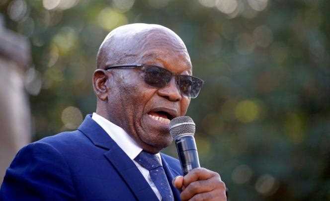 Former South African President Jacob Zuma addresses his supporters after appearing before the High Court in Pietermaritzburg, South Africa, on May 17, 2021.