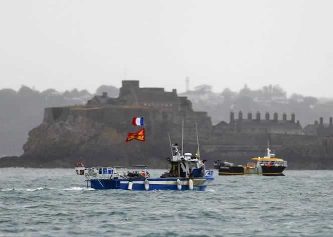 Demonstration of a French fishing vessel in Saint Helier, the capital of the Channel Island of Jersey, on May 6, 2021.