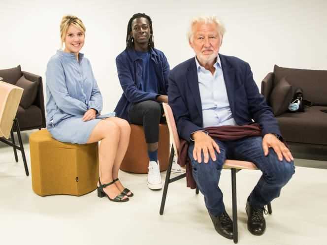 From left to right, Manon Fleury, Mory Sacko and Pierre Gagnaire during the Festival du Monde in Paris, September 25, 2021.