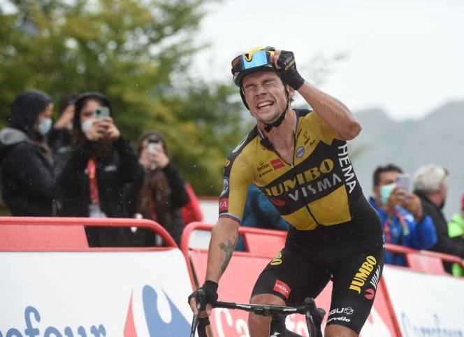 The leader of the Dutch team Jumbo-Visma, the Slovenian Primoz Roglic during his victory on the 17th stage of the Tour of Spain, at the top of the Lakes of Covadonga, on September 1st.