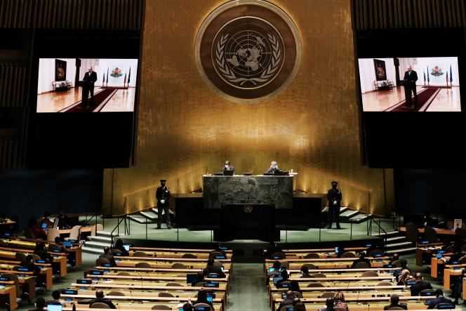 Some representatives intervene by video at the United Nations General Assembly in New York, like Bulgarian President Rumen Radev, on September 21, 2021.