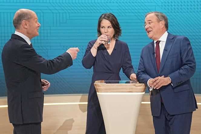 The candidates for the German Chancellery Olaf Scholz (SPD), Annalena Baerbock (the Greens) and Armin Laschet (CDU) during their debate in Berlin, September 12, 2021.
