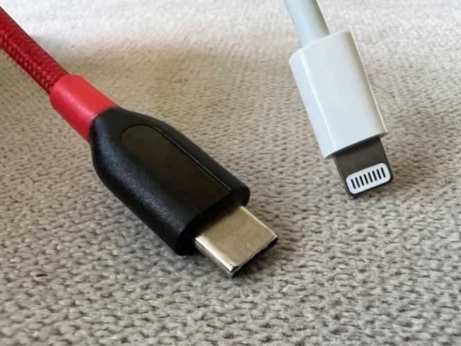 A USB-C connector and Apple's Lightning connector.