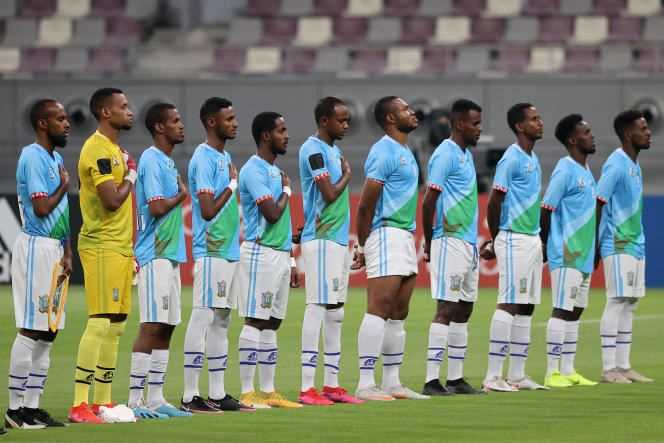 The Djiboutian soccer team before a match against Lebanon, in Doha, Qatar on June 23, 2021.