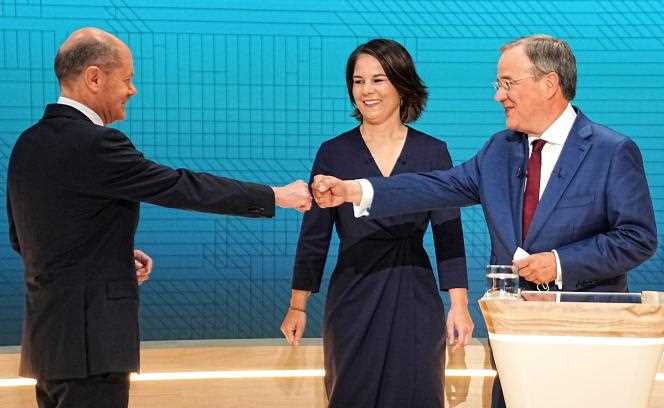 Olaf Scholz (SPD), Annalena Baerbock (Greens) and Armin Laschet (CDU-CSU), before their televised debate, Sunday, September 12, in Berlin