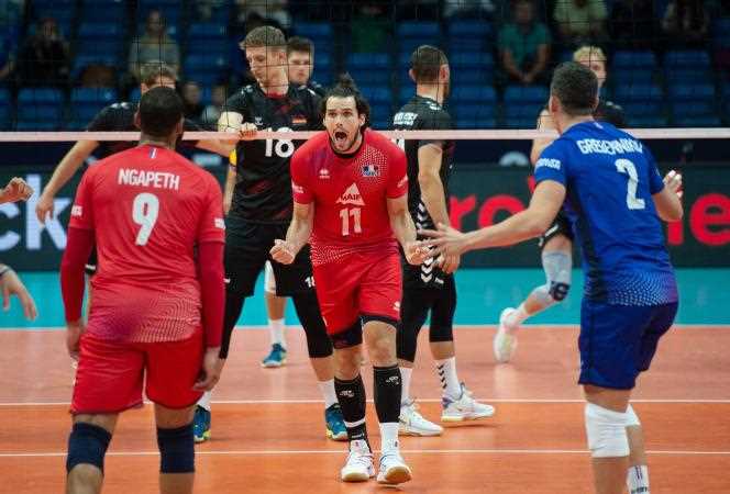 The French volleyball team, in red, during its match won against Germany on the occasion of Euro 2021, in Tallinn (Estonia), on September 6, 2021.