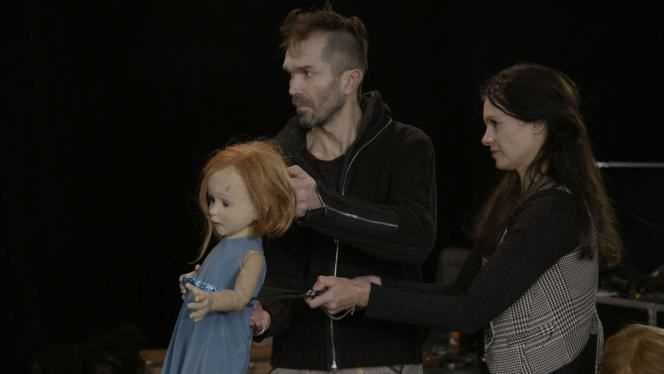 Puppeteers Romuald Collinet and Estelle Charlier animate their creation for “Annette”, by Leos Carax.
