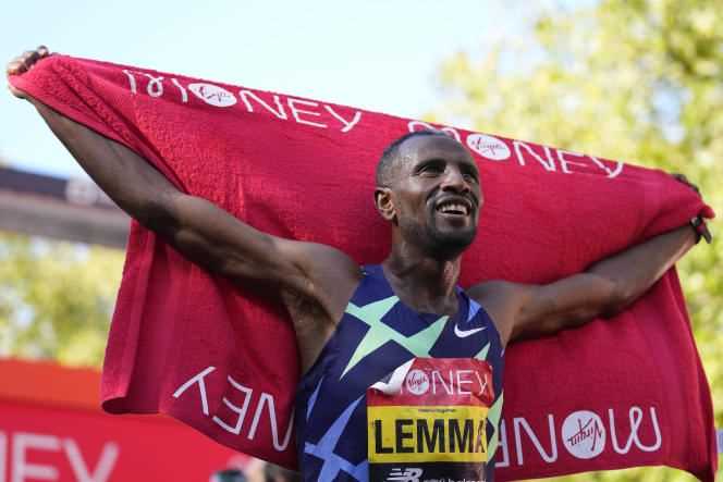 Ethiopian Sisay Lemma celebrates winning the London Marathon, UK on Sunday October 3, 2021.