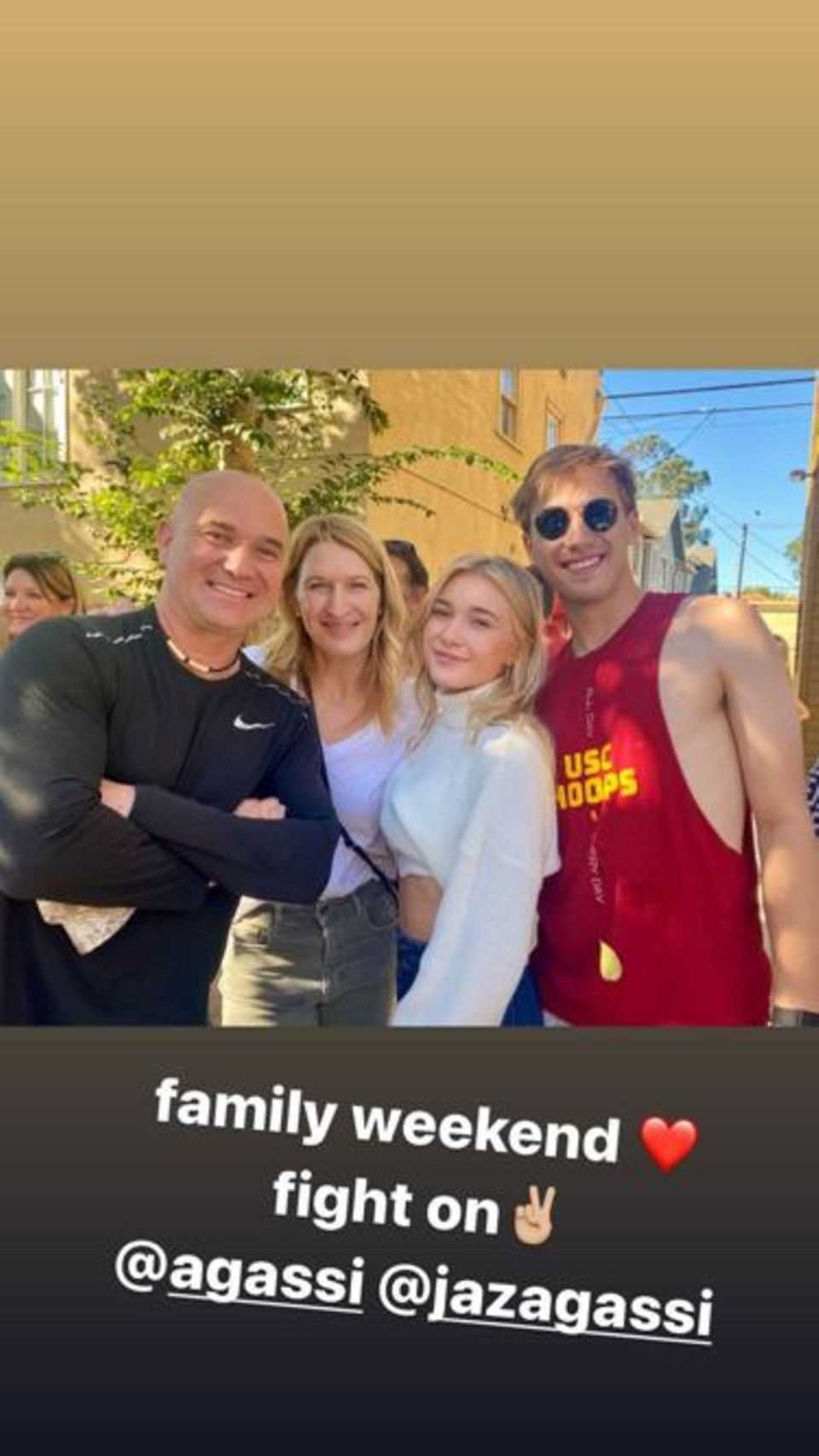 Jaden Agassi shares a rare photo with his parents Andre Agassi and Steffi Graf and his sister Jaz via Instagram