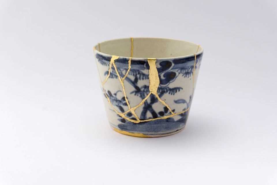 Wabi-Sabi: A ceramic mug that has been repaired using the Kintsugi method