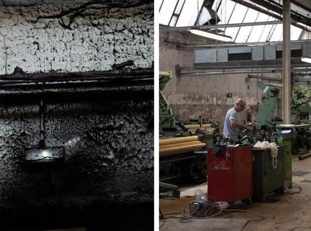 On September 3, the aftereffects of the fire that had occurred four months earlier were still visible in the Emanuel Lang factory in Hirsingue (Haut-Rhin).  On the left, Charles Kocer, foreman, repairs the machines that have burned down.